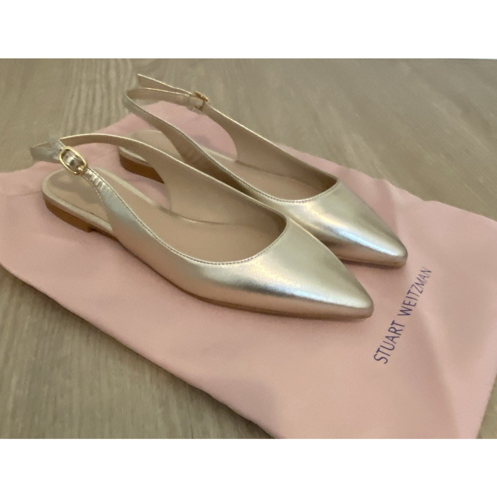 NWOB Stuart Weitzman Mara Gold Pointed Toe slingback Leather shoes Size 5.5 - Picture 3 of 8
